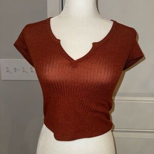 Rustic Brown V-Neck Ribbed Women's Top